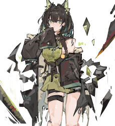 1girl absurdres animal_ears aqua_hair arknights bare_shoulders black_hair black_jacket bright_pupils closed_mouth colored_inner_hair cowboy_shot crystal green_eyes green_hair hair_between_eyes hand_up highres jacket jumbowhopper looking_at_viewer material_growth mon3tr_(arknights) multicolored_hair off_shoulder oripathy_lesion_(arknights) personification sketch sleeves_past_fingers sleeves_past_wrists smile solo standing thigh_strap white_background white_pupils