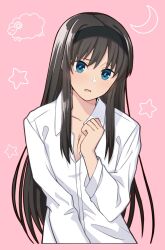 1girl black_hair blue_eyes breasts cleavage crescent highres hirakawa long_hair pink_background shirt simple_background solo tohno_akiha tsukihime upper_body white_shirt