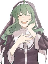 1girl :d ahoge blush closed_eyes green_hair hand_on_own_chest hand_on_own_neck highres long_hair maria_(housamo) nun open_mouth simple_background smile solo tokyo_houkago_summoners traditional_nun upper_body wanijima white_background