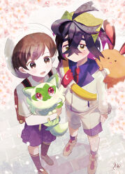 2boys backpack bag black_hair blush brown_eyes brown_hair cherry_blossoms closed_mouth collared_shirt fantasydolce florian_(pokemon) from_above gen_2_pokemon hat highres holding holding_pokemon kieran_(pokemon) long_sleeves looking_at_viewer male_focus mole mole_on_neck multiple_boys nintendo open_mouth petals pokemon pokemon_(creature) pokemon_sv purple_hair school_uniform sentret shirt shoes short_sleeves shorts signature socks sprigatito standing uva_academy_school_uniform yellow_eyes