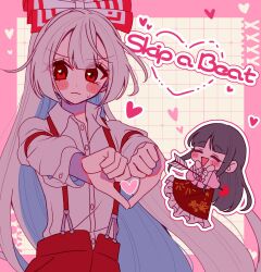 2girls arrow_(projectile) black_hair blush bow bowtie chibi chibi_inset closed_eyes closed_mouth collared_shirt commentary_request english_text frilled_skirt frilled_sleeves frills fujiwara_no_mokou grey_hair hair_bow heart heart_arrow heart_hands heart_in_eye highres houraisan_kaguya long_hair long_sleeves multiple_girls open_mouth pants pink_shirt red_eyes red_pants red_skirt shirt skirt smile suspenders sweatdrop symbol_in_eye ta_mi_01000 touhou very_long_hair white_bow white_bowtie white_shirt yuri