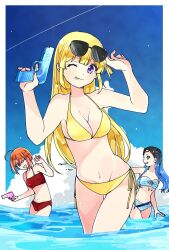 22/7 3girls ;d ;p ahoge aqua_eyes aqua_hair bikini black_hair blonde_hair blue_bikini blue_sky blush border breasts brown_eyes cloud collarbone cumulonimbus_cloud eye_contact eyewear_on_head fujima_sakura gradient_hair grin groin hair_between_eyes hair_ornament hair_rings hairclip halterneck hands_up highres himuro_mizuki holding holding_water_gun long_hair looking_at_another looking_at_viewer multicolored_hair multiple_girls navel nishiura_sora ocean one_eye_closed one_side_up open_mouth orange_hair outdoors outside_border pink_hair purple_eyes red_bikini short_hair side-tie_bikini_bottom single_hair_ring sky smile streaked_hair string_bikini summer sunglasses swimsuit teeth tongue tongue_out trefle_r two-tone_hair two_side_up wading water water_gun white_border wince yellow_bikini