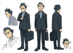 1boy bags_under_eyes black_hair business_suit cheekbones concept_art depressed exhausted facing_away facing_viewer formal_clothes from_side grey_hair hair_slicked_back larry_(pokemon) looking_down looking_up male_focus necktie nintendo non-web_source official_art partially_translated pokemon pokemon_sv salaryman serious suit suitcase translation_request