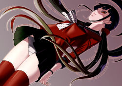 1girl black_hair black_skirt danganronpa_(series) danganronpa_v3:_killing_harmony dutch_angle harukawa_maki highres long_sleeves looking_at_viewer low_twintails miniskirt mole mole_under_eye panties red_eyes red_shirt red_thighhighs shirt skirt solo thighhighs toku_sonchou twintails underwear white_panties