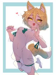1girl animal_ears blonde_hair blush breast_press breasts corked_bottle fangs fox_ears fox_girl fox_tail green_ribbon hair_between_eyes heart highres holding holding_test_tube kudamaki_tsukasa looking_at_viewer medium_breasts open_mouth potion ribbon romper ryouryou see-through_clothes short_hair short_sleeves simple_background smile solo tail test_tube touhou white_background white_romper yellow_eyes