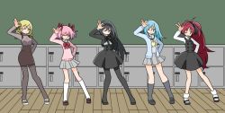 Rule 34 | 5girls, :d, akemi homura, alternate hair length, alternate hairstyle, black hair, black socks, blonde hair, blue eyes, blue hair, bow, dancing, dress, drill hair, funeral dress, hair ribbon, hairband, hare hare yukai, indoors, kaname madoka, kneehighs, long hair, looking at another, looking at viewer, mahou shoujo madoka magica, mahou shoujo madoka magica (anime), mahou shoujo madoka magica movie 1 &amp; 2, miki sayaka, multiple girls, one eye closed, open mouth, pantyhose, parody, pink hair, pokki (sue eus), purple eyes, red eyes, red hair, ribbon, sakura kyoko, sakura trick, school, school uniform, short hair, short twintails, side ponytail, skirt, smile, socks, tomoe mami, twin drills, twintails, white legwear