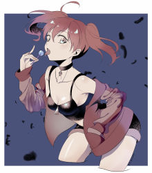 1girl ahoge bent_over black_choker black_shorts border breasts brown_eyes candy choker cleavage clothes_down collarbone cowboy_shot cropped_legs floating_hair food grey_background hair_between_eyes hand_in_pocket highres hinata_natsumi holding jacket jewelry karashino keroro_gunsou lollipop long_hair long_sleeves medium_breasts midriff necklace open_clothes open_jacket red_hair red_jacket shiny_skin short_shorts shorts sketch skull_necklace solo stomach tongue tongue_out twintails white_border
