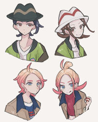 Rule 34 | 2boys, 2girls, black hair, black hat, blue shirt, brown hair, brown jacket, cropped shirt, enekonoshippo27, gradient hair, green jacket, harmony (pokemon), hat, holding, holding poke ball, jacket, multicolored hair, multiple boys, multiple girls, nintendo, open clothes, open jacket, paxton (pokemon), poke ball, pokemon, pokemon legends: z-a, red shirt, shirt, short hair, striped hat, taunie (pokemon), turtleneck, turtleneck shirt, upper body, urbain (pokemon), white background, white hat