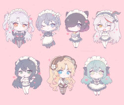 6+girls aegir_(azur_lane) aegir_(iron_blood&#039;s_dragon_maid)_(azur_lane) alternate_costume apron azur_lane bellona_(armed_to_clean)_(azur_lane) bellona_(azur_lane) black_hair black_horns black_pantyhose blonde_hair cake chibi clothes_lift cone_hair_bun cup double_bun dress dress_lift drinking_glass enmaided fang food frilled_dress frills green_hair hair_bun hair_over_one_eye heart highres holding holding_cup holding_plate holding_towel horns indomitable_(azur_lane) indomitable_(ms._motivationless_maid)_(azur_lane) jervis_(azur_lane) jervis_(fluttering_in_the_fair_breeze)_(azur_lane) long_dress long_hair looking_at_viewer maid maid_headdress manjuu_(azur_lane) momoneko_meow multicolored_hair multiple_girls official_alternate_costume one_eye_closed pantyhose pink_background plate prinz_eugen_(azur_lane) prinz_eugen_(kindred_evening_spirits)_(azur_lane) red_hair revenge_(azur_lane) revenge_(the_maid-knight_charges_forth!)_(azur_lane) short_dress simple_background sparkle streaked_hair towel vanguard_(azur_lane) vanguard_(half-hearted_masquerade)_(azur_lane) waist_apron white_apron white_pantyhose wine_glass