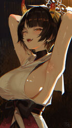 Rule 34 | 1girl, absurdres, armpits, arms behind head, black hair, black sash, blue archive, blunt bangs, breasts, broken horn, demon girl, demon horns, fang, highres, horns, japanese clothes, kimono, looking at viewer, maria (maria rose), mole, mole under eye, niya (blue archive), obi, one eye closed, open mouth, sash, short hair, sideboob, sidelocks, sleeveless, sleeveless kimono, solo, sweatdrop, white kimono, yellow eyes
