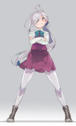 Rule 34 | 1girl, ahoge, asashimo (kancolle), boots, bow, bowtie, commentary request, crossed arms, full body, gradient background, grey background, grey eyes, grey pantyhose, grin, gunbuster pose, hair over one eye, halterneck, highres, kantai collection, lace-up boots, long hair, looking at viewer, pantyhose, ponytail, school uniform, sharp teeth, shirt, silver hair, smile, solo, standing, teeth, white shirt, yamaioni (sasakama)