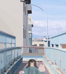 1girl balcony black_hair blanket building city closed_eyes cloud cloudy_sky condenser_unit futon ghost highres kyora_san lamppost lying no_lineart on_back original outdoors pillow railing rust sheet_ghost sky sleeping solo