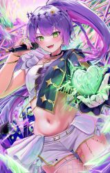1girl black_choker blush bracelet center-flap_bangs choker colored_inner_hair commentary_request cowboy_shot demon_tail double-parted_bangs fang fishnet_thighhighs fishnets gloves gradient_hair groin half-jacket halo heart high_ponytail highres holding holding_heart holding_microphone hololive jewelry long_hair long_sleeves looking_at_viewer microphone midriff multicolored_hair multiple_bracelets navel official_alternate_costume official_alternate_hairstyle open_mouth overskirt piercing pink_hair ponytail purple_hair shirt shorts single_fishnet_legwear single_glove single_thighhigh sleeveless sleeveless_shirt solo stomach tail tail_ornament tail_piercing thighhighs tokoyami_towa tokoyami_towa_(break_your_xxx) v-shaped_eyebrows very_long_hair virtual_youtuber white_gloves white_overskirt white_shirt white_shorts white_thighhighs y&#039;=&#039;y