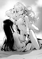 Rule 34 | 2girls, absurdres, aroused face, blonde hair, blush, bouncing breasts, breasts, breasts out, brown hair, couple, fingering, full-face blush, girl on top, greyscale, hand in own hair, highres, holding another&#039;s wrist, lying, monochrome, multiple girls, on back, open clothes, open shirt, partially undressed, pussy juice, saijou claudine, seductive smile, sex, shirt, shoujo kageki revue starlight, shoujo kageki revue starlight -re live-, smile, straddling, sweat, sweatdrop, tendou maya, trembling, upright straddle, vaginal, white shirt