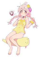 :&lt; ahoge bare_arms bare_legs bare_shoulders barefoot breasts brown_eyes choker cola commentary covered_navel cup dot_nose drinking_glass earrings feet flower flower_earrings frilled_one-piece_swimsuit frills full_body hair_flower hair_ornament hand_on_own_chest highres holding holding_own_hair ice ice_cube jewelry karubi_(karubi465558) light_blush long_hair looking_at_viewer lying multi-tied_hair on_back one-piece_swimsuit onii-chan_wa_oshimai! oyama_mahiro pink_choker pink_hair scrunchie simple_background small_breasts solo stuffed_toy sweatdrop swimsuit toes white_background wrist_scrunchie yellow_one-piece_swimsuit yellow_scrunchie