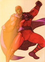 1boy arm_up armor bengus bodysuit capcom cape clenched_hands fighting_stance game_cg gloves grey_hair helmet highres looking_to_the_side magneto male_focus marvel marvel_vs._capcom marvel_vs._capcom_2 muscular non-web_source official_art red_bodysuit red_cape red_helmet scan sidelighting simple_background solo superhero_costume x-men