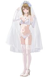 1girl absurdres bare_shoulders bra breasts bridal_lingerie bridal_veil brown_eyes brown_hair cleavage closed_mouth commentary_request elbow_gloves full_body garter_belt garter_straps gher5 gloves hands_up high_heels highres jewelry large_breasts lifting_own_clothes lingerie looking_at_viewer medium_hair mole mole_under_eye navel necklace original panties see-through_clothes see-through_veil simple_background smile solo standing stomach thighhighs thighs underwear veil veil_lift white_background white_bra white_garter_belt white_garter_straps white_gloves white_panties white_thighhighs