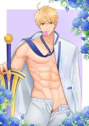 Rule 34 | 1boy, abs, arthur pendragon (fate), bara, bare pectorals, bishounen, blonde hair, blue flower, blue rose, bulge, condom, condom in mouth, condom wrapper, cowboy shot, excalibur (fate/prototype), fate/grand order, fate (series), flower, formal clothes, green eyes, highres, jacket, looking at viewer, male focus, male pubic hair, minghecanyue, mouth hold, navel, necktie, nipples, open clothes, open jacket, open pants, pants, pectorals, pubic hair, rose, short hair, solo, stomach, suit, toned, toned male, white pants, white suit
