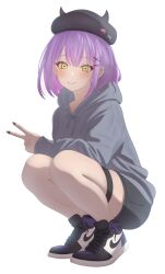 1girl air_jordan highres hillgar0 hololive hood hoodie nike_(company) purple_hair purple_shoes shoes sneakers squatting tokoyami_towa v