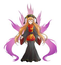 1girl belt black_dress black_hat blush brown_belt chinese_clothes closed_eyes commentary_request crescent crescent_print dairi dalachi_(headdress) dress energy full_body hair_between_eyes hat highres junko_(touhou) long_dress long_hair long_sleeves mandarin_collar neck_ribbon orange_hair phoenix_print pom_pom_(clothes) red_tabard ribbon sad simple_background solo standing tabard tachi-e tassel tearing_up teeth touhou transparent_background wavy_hair wide_sleeves yellow_ribbon