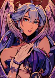 1girl artist_name bare_shoulders bead_bracelet beads blue_eyes bracelet clip_studio_paint_(medium) commentary dress english_commentary evnqia feathered_wings hand_on_own_chest head_wings highres honkai:_star_rail honkai_(series) jewelry parted_lips pink_lips purple_dress purple_hair robin_(honkai:_star_rail) solo strapless strapless_dress upper_body wings