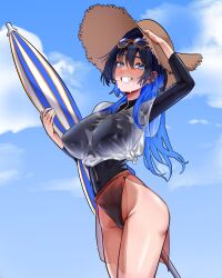 1girl absurdres alternate_costume ass beach beach_umbrella black_hair blue_eyes blue_hair blue_umbrella breasts contrapposto gluteal_fold highres holding holding_umbrella hololive hololive_english koizumi_arata large_breasts long_hair looking_at_viewer multicolored_hair ouro_kronii outdoors pink_sarong sarong see-through_clothes see-through_sarong see-through_shirt shirt sky smile solo striped_umbrella swimsuit two-tone_umbrella umbrella virtual_youtuber white_shirt white_umbrella zipper