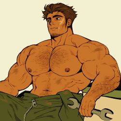 1boy abs bara biceps brown_hair cheekbones clothes_around_waist cowboy_shot dirty facial_hair goatee green_eyes hairy highres holding holding_wrench huge_pectorals long_sideburns male_focus mature_male mechanic muscular muscular_male navel navel_hair nifast_(greentail) nipples open_jumpsuit original short_hair sideburns solo sparse_arm_hair sparse_chest_hair stomach tan thick_arms thick_eyebrows topless_male wrench
