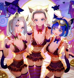 3girls 3others alternate_costume animal_ears anlucea black_skirt blonde_hair blue_bow blue_bowtie blue_eyes blue_hair blunt_bangs bow bowtie bra breasts bright_pupils candy cat_ears cat_girl cat_tail chromatic_aberration claw_pose cleavage commentary_request covered_erect_nipples curly_hair detached_collar dracky dragon_quest dragon_quest_x fake_tail fang food frilled_bra frilled_skirt frills green_bow green_bowtie grey_hair hair_ornament hair_pulled_back hairband hairclip halloween hat highres horizontal-striped_thighhighs illusia_(dq10) jack-o&#039;-lantern lollipop long_hair looking_at_viewer medium_breasts medium_hair midriff mole mole_under_mouth moumon multiple_girls multiple_others navel numao_sub open_mouth orange_thighhighs orange_trim parted_hair purple_thighhighs red_bow red_bowtie seraphy_(dq10) short_hair sideboob silver_hairband skin_fang skirt small_breasts smile striped_clothes striped_thighhighs swirl_lollipop tail thighhighs underwear white_pupils witch_hat wrist_cuffs zettai_ryouiki