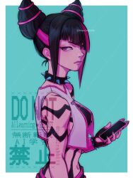 Rule 34 | 1girl, aqua background, artist name, black hair, border, cellphone, closed mouth, collar, commentary, diagonal bangs, eyelashes, hair horns, han juri, hepu2rabbits (epuusa), highres, holding, holding phone, multicolored hair, navel, outside border, phone, pink hair, simple background, smartphone, solo, spiked collar, spikes, streaked hair, street fighter, street fighter iv (series), symbol-only commentary, twitter username, two-tone hair, upper body, watermark, white border