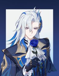 Rule 34 | 1boy, ascot, black gloves, blue flower, blue rose, character name, closed mouth, coat, flower, genshin impact, gloves, hair between eyes, highres, holding, holding flower, jacket, long hair, long sleeves, looking at viewer, male focus, multicolored hair, neuvillette (genshin impact), rj (lingshih10), rose, simple background, streaked hair, upper body, white ascot, white hair