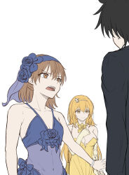 Rule 34 | 1boy, 2girls, angry, bare shoulders, black hair, black suit, blonde hair, blue dress, bow, breasts, brown hair, cleavage, collarbone, covered navel, dress, elbow gloves, formal clothes, gloves, hair bow, highres, kamijou touma, large breasts, long hair, looking at another, looking down, misaka mikoto, multiple girls, open mouth, see-through clothes, see-through dress, shokuhou misaki, simple background, small breasts, strapless, strapless dress, suit, toaru kagaku no railgun, toaru majutsu no index, white background, yakult1124, yellow dress, yellow gloves