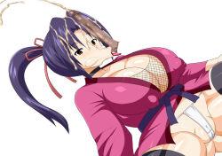 Rule 34 | 1boy, 1girl, :&gt;=, breasts, brown eyes, cum, cum on body, ejaculation, facial, high ponytail, inu-g, japanese clothes, kimono, kousaka shigure, large breasts, large penis, long mouth, oral, panties, penis, ponytail, purple hair, shijou saikyou no deshi ken&#039;ichi, testicle sucking, testicles, underwear