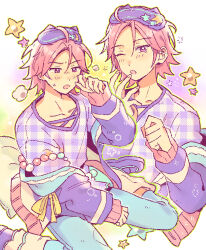 Rule 34 | 1boy, amolajinzza, blue pants, ensemble stars!, eyewear on head, green outline, hair between eyes, highres, long sleeves, male focus, multiple views, oukawa kohaku, outline, pajamas, pants, pink hair, plaid clothes, plaid shirt, purple eyes, purple shirt, rubbing eyes, shirt, short hair, sleep mask, sleepy, sleeves past wrists, squeans, sweatdrop, unmoving pattern, yawning