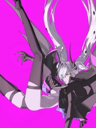 1girl absurdres black_cloak black_hands body_markings breasts cloak colored_extremities demon_girl demon_horns demon_wings falling fate/grand_order fate_(series) floating_hair green_eyes highres horns lilith_(fate) lilith_(second_ascension)_(fate) long_hair looking_at_viewer navel panties pointy_ears pubic_tattoo shanaoh solo stomach_tattoo tattoo twintails underwear white_hair wings