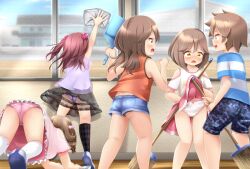 1boy 4girls all_fours angry argyle_clothes ass black_panties black_skirt black_socks blue_shirt blue_shorts blush bow bow_panties broom brown_eyes brown_hair building camouflage camouflage_shorts candy_print classroom cleaning clothes_lift clothes_writing cloud crotch_seam dress dustpan embarrassed flower food_print from_behind hair_flower hair_ornament heart heart_hair_ornament heart_print holding holding_broom holding_dustpan kneehighs lace-trimmed_socks lifting_another&#039;s_clothes loli long_hair looking_at_another looking_down low_twintails multiple_girls open_mouth orange_shirt original panties panty_peek pink_bow pink_dress pink_panties pink_skirt print_panties print_shirt purple_panties purple_shirt red_flower red_hair renati_(renatium) see-through_clothes see-through_skirt shirt shoes short_hair short_sleeves shorts shota skirt skirt_lift sky sleeveless sleeveless_shirt smile socks standing star_(symbol) star_print striped_clothes striped_panties striped_shirt twintails underwear wash_cloth white_panties white_shirt white_shoes white_socks window yellow_eyes