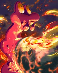 Rule 34 | apus 92, artist name, closed mouth, commentary request, embers, fire, gen 2 pokemon, glowing hot, highres, looking back, magcargo, nintendo, no humans, pokemon, pokemon (creature), pokemon focus, solo