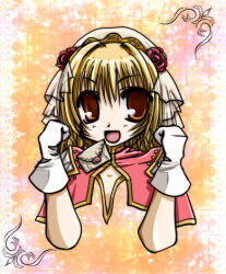 Rule 34 | 1girl, 2000s (style), :d, blonde hair, bridal veil, brown eyes, cape, commentary request, creator (ragnarok online), flower, gloves, hair flower, hair ornament, long hair, looking at viewer, lowres, open mouth, orange background, pink cape, ragnarok online, red flower, red rose, rose, smile, solo, tomiya airu, veil, white gloves