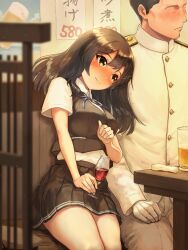 Rule 34 | 1boy, 1girl, admiral (kancolle), black hair, black skirt, black vest, blue ribbon, blush, breasts, commission, cup, dress shirt, drinking glass, epaulettes, gloves, highres, holding, holding cup, isasin929, jacket, kantai collection, large breasts, long sleeves, military uniform, miniskirt, naval dress uniform, naval uniform, neck ribbon, oyashio (kancolle), pants, pixiv commission, pleated skirt, ribbon, shirt, short sleeves, sitting, skirt, smile, solo focus, vest, white gloves, white jacket, white pants, white shirt, wine glass, yellow eyes