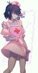 1other androgynous blue_hair blue_skin colored_skin cross deltarune gloves hat highres holding holding_syringe kris_(deltarune) nurse nurse_cap red_cross shaded_face skirt standing sweat syringe thighhighs umnun_tb white_background white_gloves white_thighhighs