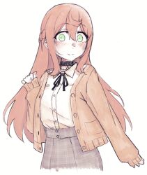 1girl black_collar black_skirt braid breasts brown_cardigan cardigan collar commentary crown_braid green_eyes hashtag-only_commentary highres long_hair medium_breasts nippon_ichi_no_koukousei_majutsushi_isekai_dorei_shoujo_wo_morau noin_(nippon_ichi_no_koukousei_majutsushi_isekai_dorei_shoujo_wo_morau) pink_hair plaid_clothes plaid_skirt shirt skirt sleeves_past_wrists smile solo takeomi_(shitamatsuge) white_shirt