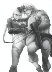 1boy 1girl vega_(street_fighter) bodypaint boots bow bowtie braid braided_ponytail cammy_white capcom censored claw gloves hat highres leg_up leotard pants pubic_hair pussy scar spykeee street_fighter