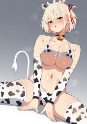 1girl :o absurdres animal_ears animal_print bare_shoulders bell bikini blonde_hair breasts collarbone cow_ears cow_horns cow_print cow_print_bikini cow_print_sleeves cow_print_thighhighs cow_tail cowbell fake_animal_ears fake_horns grey_background highres horns kawaruhi large_breasts looking_at_viewer lycoris_recoil navel nishikigi_chisato print_bikini print_thighhighs red_eyes short_hair side-tie_bikini_bottom simple_background solo stomach swimsuit tail thighhighs thighs underboob