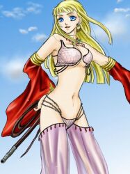 1girl bikini blonde_hair blue_eyes blue_sky breasts cleavage commentary_request cowboy_shot day detached_sleeves earrings gypsy_(ragnarok_online) harem_pants holding holding_whip jewelry large_breasts long_hair looking_at_viewer navel necklace open_mouth outdoors pants purple_pants ragnarok_online red_sleeves see-through_clothes see-through_pants simpatiaein sky smile solo strapless strapless_bikini swimsuit white_bikini