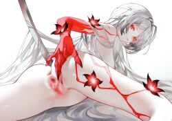 Rule 34 | 1girl, acheron (honkai: star rail), anus, ass, body markings, breasts, censored, closed mouth, colored extremities, commentary request, completely nude, feet out of frame, flower, glowing, glowing eyes, highres, honkai: star rail, honkai (series), iumu, large breasts, long hair, looking at viewer, lying, mosaic censoring, nude, official alternate color, on stomach, paid reward available, planted, planted sword, planted weapon, pussy, pussy juice, red eyes, red flower, red hands, solo, spread pussy, spreading own pussy, sword, very long hair, weapon, white background, white hair