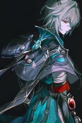 1boy anaxa_(honkai:_star_rail) aqua_hair back black_background blue_eyes closed_mouth highres honkai:_star_rail honkai_(series) male_focus mg_omom pink_pupils solo twitter_username upper_body