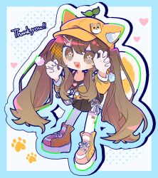 1girl :3 aki_orange animal_ear_headwear basashimeshi black_skirt black_tank_top blue_border blue_outline bone_hair_ornament border brown_eyes brown_hair chibi commission dog_girl drawstring fake_animal_ears fang full_body gradient_outline hair_ornament hands_up hat heart highres hood hoodie indie_virtual_youtuber long_hair long_sleeves looking_at_viewer newsboy_cap open_mouth orange_hat orange_hoodie outline outside_border paw_pose paw_print pom_pom_(clothes) pom_pom_drawstring sapling shiba_inu skeb_commission skin_fang skirt standing tank_top thank_you twintails very_long_hair white_background white_outline yellow_tail
