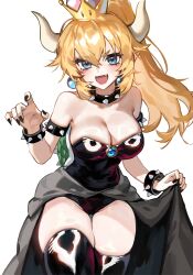 1girl absurdres armlet bare_shoulders black_leotard black_nails black_thighhighs blonde_hair blue_eyes blue_gemstone blush bowsette bracelet breasts cleavage collar commentary_request cowboy_shot earrings fang fingernails foolish_potato gem hair_between_eyes hand_up highres horns jewelry large_breasts legs_together leotard long_fingernails long_hair looking_at_viewer mario_(series) nail_polish new_super_mario_bros._u_deluxe nintendo open_mouth ponytail sharp_fingernails shiny_clothes shiny_skin simple_background smile solo sphere_earrings spiked_armlet spiked_bracelet spiked_collar spikes standing strapless strapless_leotard super_crown thigh_gap thighhighs turtle_shell v-shaped_eyebrows white_background