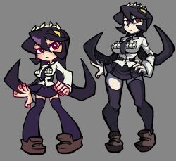 1girl absurdres black_hair black_necktie black_skirt black_thighhighs breasts bright_pupils brown_shoes collared_shirt dual_persona extra_mouth filia_(skullgirls) fingernails frown full_body hand_on_own_hip highres large_breasts living_hair long_hair long_sleeves lyu_mawo miniskirt nail_polish necktie pale_skin panty_&amp;_stocking_with_garterbelt_(style) parody pigeon-toed pleated_skirt prehensile_hair red_eyes red_nails school_uniform shirt shoes skirt skullgirls standing style_parody thighhighs vanripper_(style) white_pupils white_shirt zettai_ryouiki