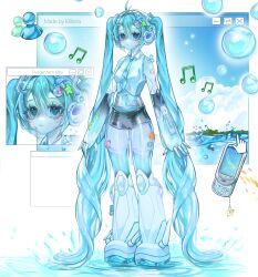 1girl absurdly_long_hair absurdres alternate_costume aqua_eyes aqua_hair beamed_eighth_notes black_shorts cellphone commentary cursor english_commentary expressionless fish frutiger_aero full_body hatsune_miku headphones headset heart highres killaira long_hair msn_messenger multiple_views musical_note phone see-through_body shiny_skin shorts standing starfish twintails very_long_hair vocaloid water white_background window_(computing)
