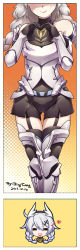 1girl 2017 :d absurdres ahoge armored_boots armored_leotard artist_name bare_shoulders bing_gang boots border braid closed_eyes closed_mouth gauntlets headband heart heart_hands highres honkai_(series) honkai_impact_3rd kiana_kaslana kiana_kaslana_(knight_moonbeam) leotard long_hair looking_at_viewer open_mouth orange_background smile solo thigh_boots twin_braids white_border white_hair